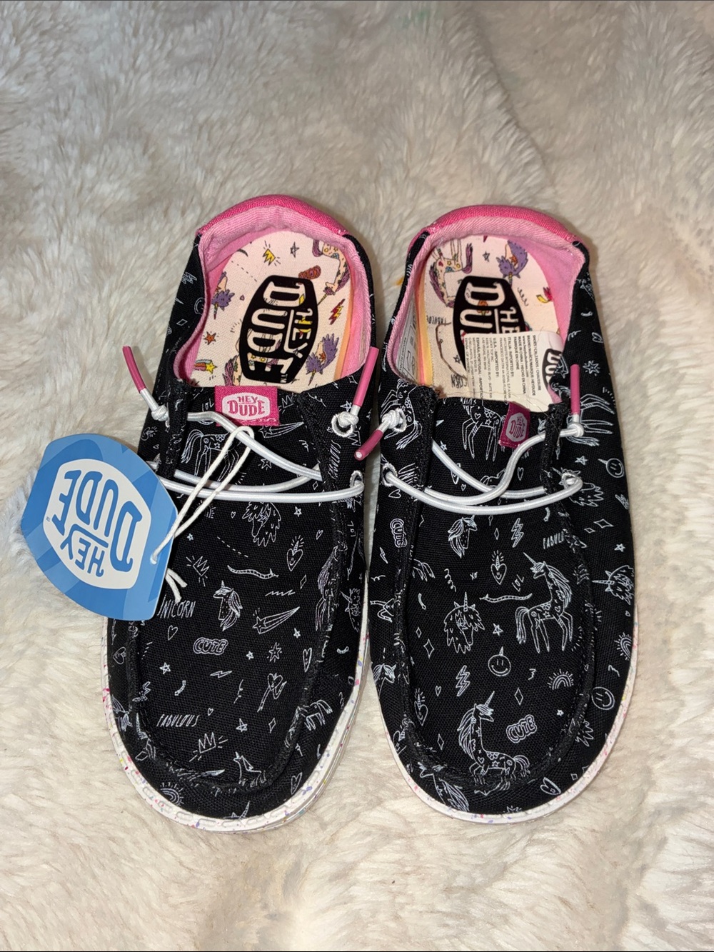 Hey Dude Kids Black Unicorn Print Shoes with Pink Lining